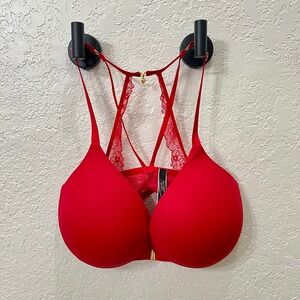 Victorias Secret Very Sexy Uplift Plunge Bra Red Lace Racerback 36DD Front Close
